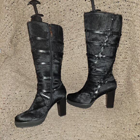 GERRY WEBER/JOSEF SEIBEL-Calf/Pony Hair-Black Leather Caged Boot-Sz 40-Near Mint - Picture 2 of 8